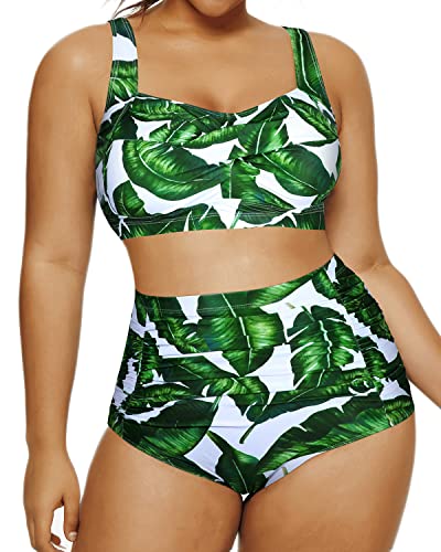 Two Piece Retro High Waisted Swimsuit Ruched Bottom-Green Leaf