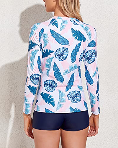 Crew Neck Women's Rash Guard Boyshorts Set-Blue Pink Leaves