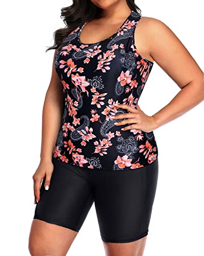 Comfortable Racerback Tankini Boyshort For Plus Size Women-Black Pink Flower