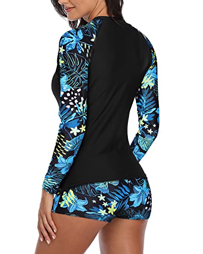 Women's Boyshort Bathing Suit Rash Guard Top-Blue Leaf