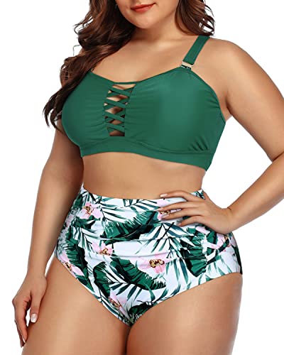 Plus Size Lace Up Bikini High Waisted Ruched Bottom-Green Tropical Floral