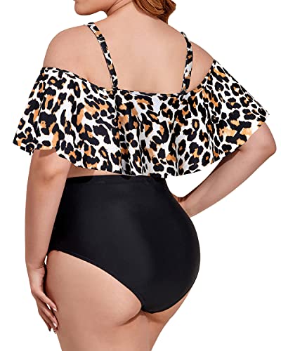 Trendy Ruffle Flounce Two Piece Swimsuit For Plus Size Women-Black And Leopard