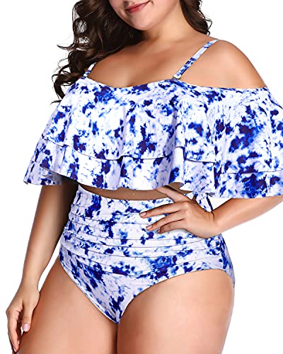 Tummy Control Two Piece Swimsuit For Plus Size Women-Blue Tie Dye