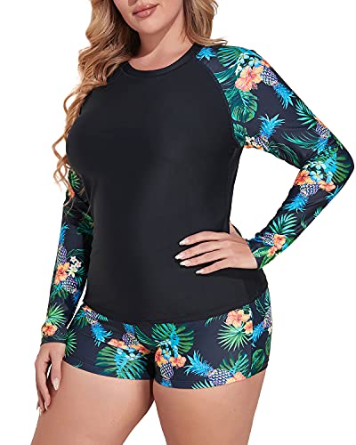 Plus Size Long Sleeve Rash Guard Swimwear Set For Women-Black Pineapple