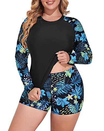 Two Piece Long Sleeve Rash Guard Swimwear For Plus Size Women-Blue Leaf