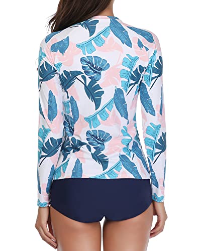 Full Coverage Two Piece Long Sleeve Rash Guard Suit For Women-Blue Pink Leaves