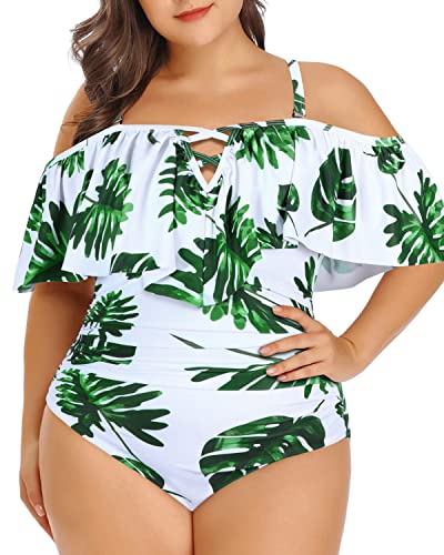 Retro Style Tummy Control Plus Size Ruffled Swimsuit-White Leaf