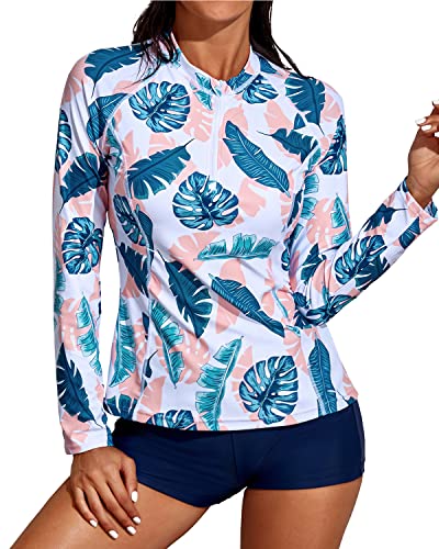 Two Piece Women's Long Sleeve Rash Guard Bathing Suit Zipper-Blue Pink Leaves