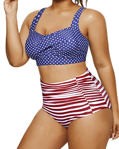 Vintage Twist Front Plus Size Swimsuits High Waisted Bikini Set Twisted Front Bikini-Flag