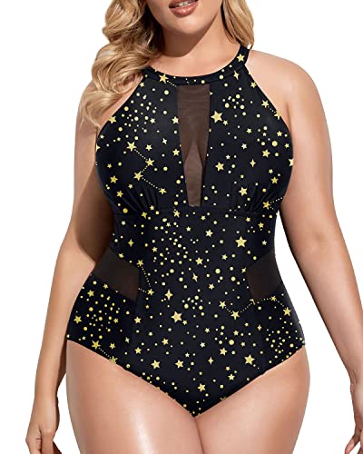 Women's Stylish Mesh-Plunge Plus Size Swimsuit-Gold Stars