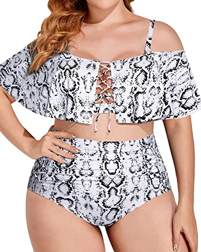 2 Piece Stylish Lace Up Plus Size High Waisted Bikini-Snake Print