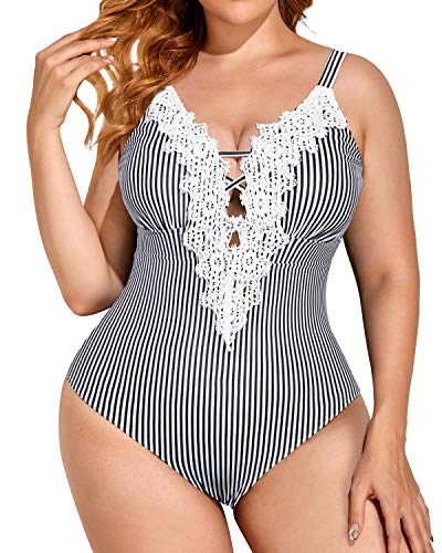 Modest Tummy Control Slimming Plus Size One Piece Swimsuits-Black And White Stripe