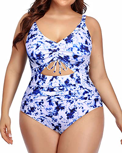 V-Neck Cutout One Piece Swimsuit For Women-Blue Tie Dye