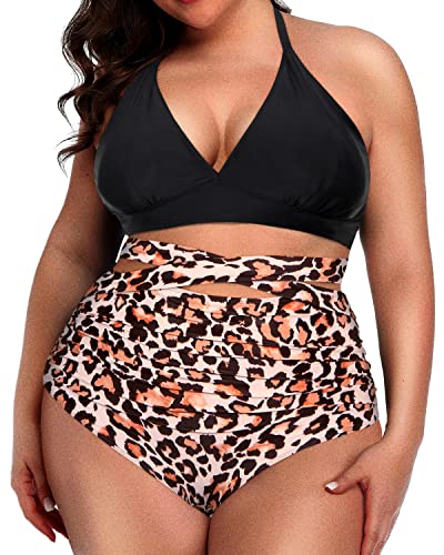 Push Up Halter Bikini Set For Plus Size Women-Black And Leopard