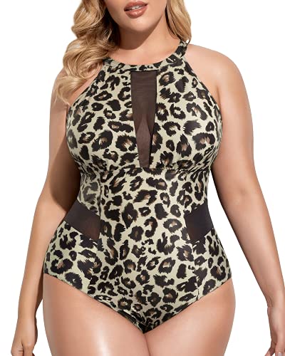 Fashionable Plus Size High-Neck Plunge Swimsuit-Leopard