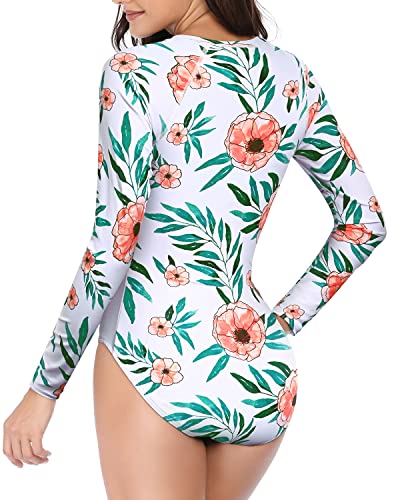 Surfing Rash Guard One Piece Swimsuit For Women Upf 50+-White And Red Floral