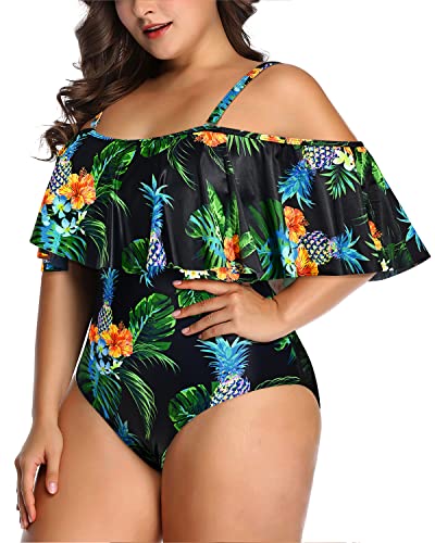 Removable Padded Bra Off Shoulder Plus Size Swimsuit For Women-Black Pineapple