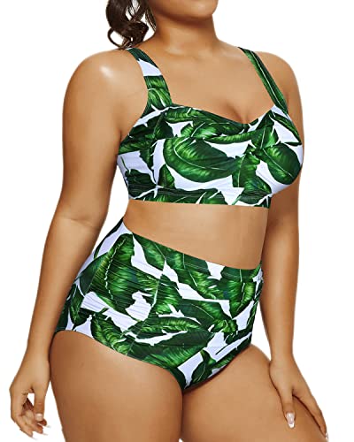 Two Piece Retro High Waisted Swimsuit Ruched Bottom-Green Leaf