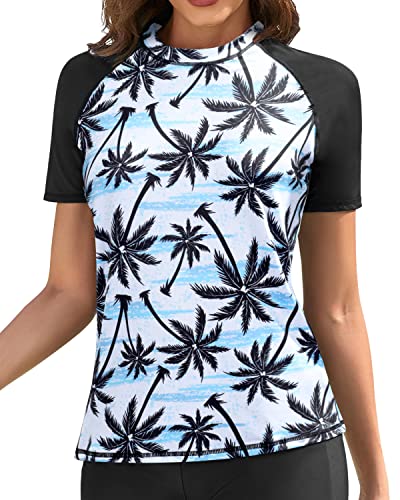 Stylish Women's Swim Top Multiple Color Options Short Sleeve Rashguard Top Swim Shirt-Black Palm Tree