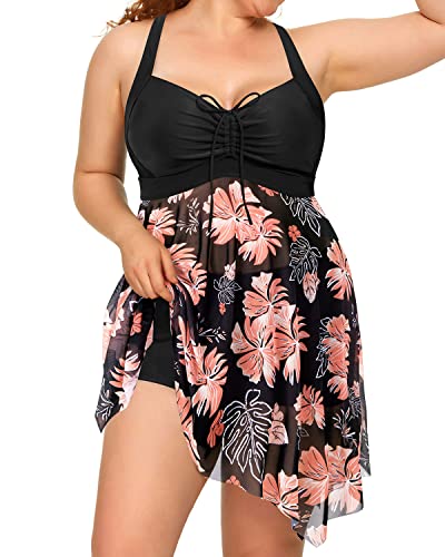 Criss-Cross Back Mesh Two Piece Swim Dress For Women-Black Floral