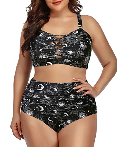 Flattering Ruched Two Piece Bikini For Plus Size Women-Black Sun And Moon