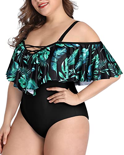 Sexy Lace-Up Off Shoulder One Piece Swimsuits-Black And Green Leaves