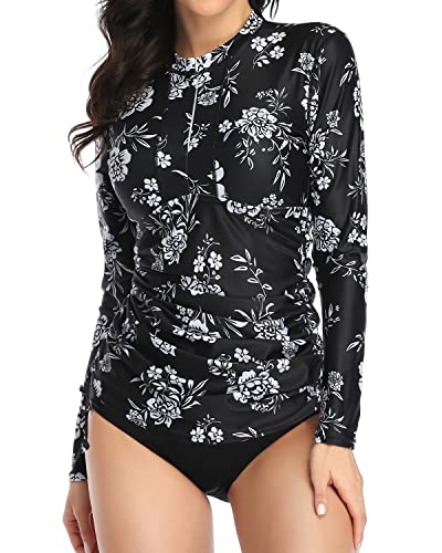 Breathable Rash Guard Swim Shirt For Women Upf 50-Black And White Floral