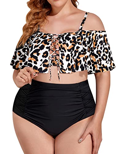 Trendy Ruffle Flounce Two Piece Swimsuit For Plus Size Women-Black And Leopard