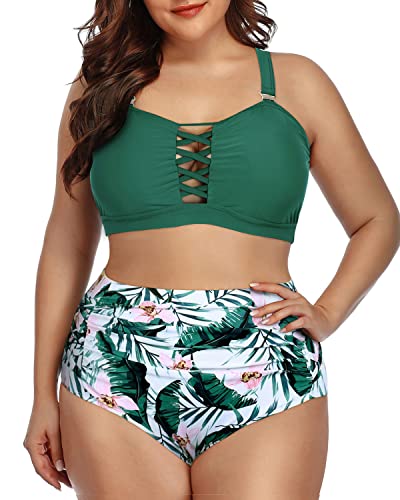 Plus Size Lace Up Bikini High Waisted Ruched Bottom-Green Tropical Floral