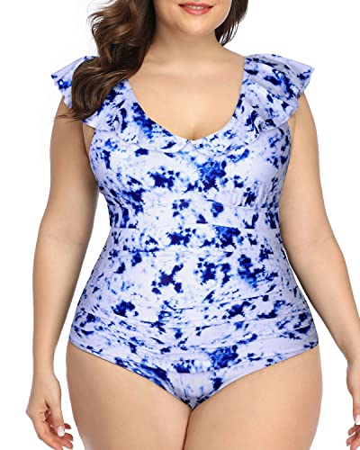 Cute Ruffled Plus Size One Piece Swimsuits-Blue Tie Dye