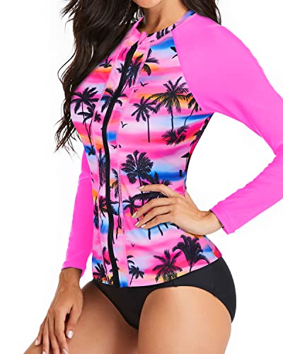 Women's Full Zipper Rash Guard And Shorts Set-Pink Palm