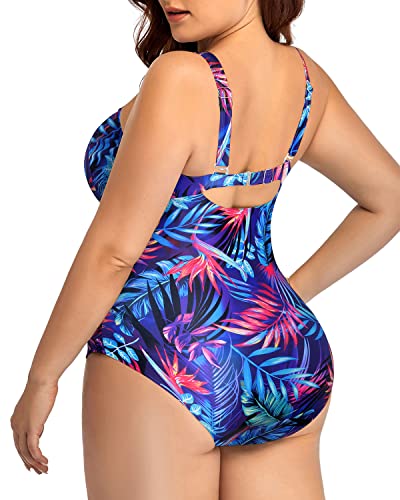 Clasp Hook Closure Retro One Piece Swimsuits For Curvy Women-Blue Leaves