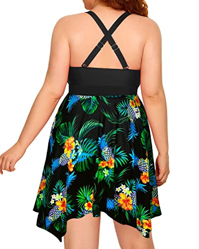 Sexy Cross-Back Flowy Tankini Swimsuits For Plus Size Women-Black Pineapple