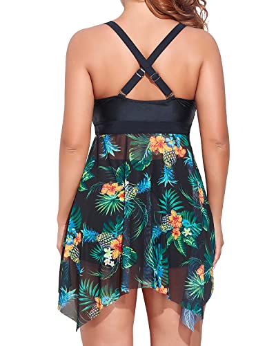 Drawstring Chest Tankini Swim Dress Boyshorts For Plus Size Women-Black Pineapple