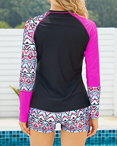 Women's Raglan Sleeves Rashguard Boyshort Bottoms Two Piece Crew Neck Long Sleeve Rashguard-Pink Black Geometry