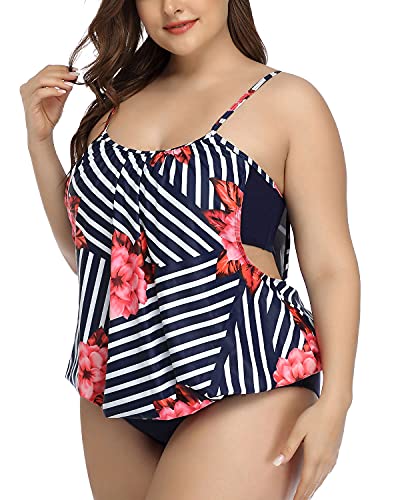 Women's Deep Cut Sides Athletic Plus Size Tankini Swimsuits-Navy Blue And Red Fl