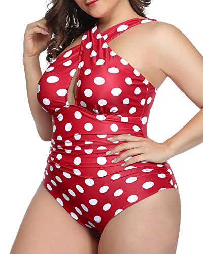 Backless Front Cross Plus Size Swimsuits For Women-Red Dot