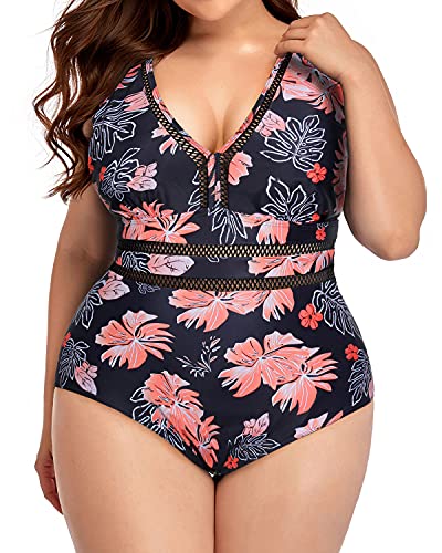 Full Coverage See Through Plus Size One Piece Swimsuit-Black Orange Floral