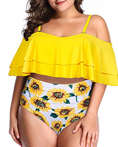 Tummy Control High Waist Off Shoulder Plus Size Two Piece Bikini-Yellow And Sunflower