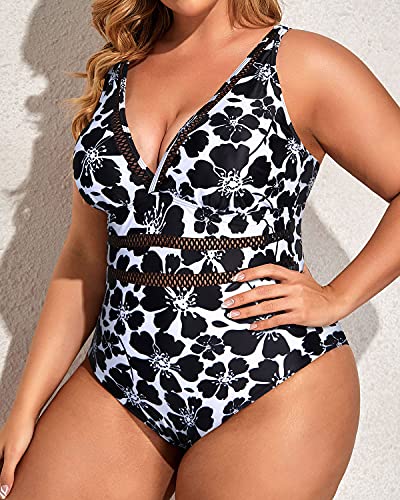 Breathable Bathing Suits For Plus Size Women-Black And White Floral