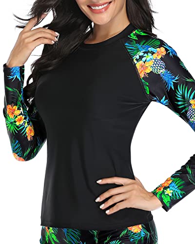 Women's 4-Way Stretch Long Sleeve Rashguard Swimsuits Top-Pineapple