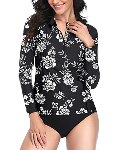 Ladies Upf 50+ Zipper Rash Guard Swimsuit-Black And White Floral