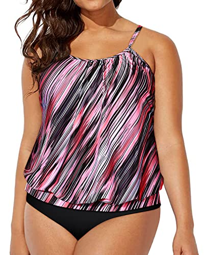 Mom Belly Hiding Blouson Tankini Plus Size Sporty 2 Piece Tankini-Black And Pink Stripes