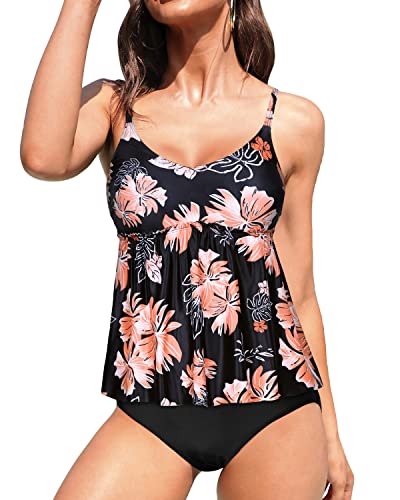 High Waisted 2 Piece Bathing Suit Blouson Tankini-Black Orange Floral