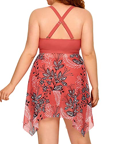 Flowy Mesh Tankini Plus Size Swimdress Boyshorts-Pink Flower