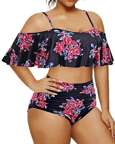 Ruffle Flounce Two Piece Swimsuits For Women Plus Size Bikini Set-Black Floral