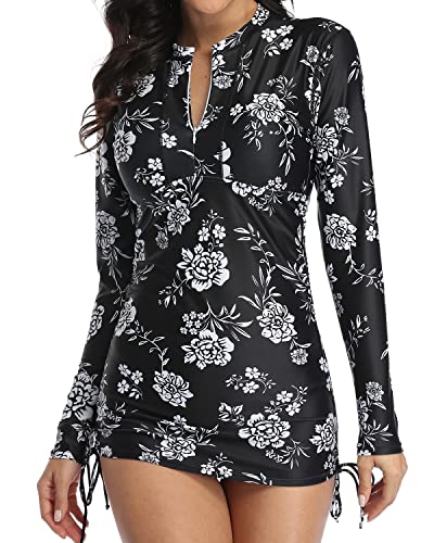 Breathable Rash Guard Swim Shirt For Women Upf 50-Black And White Floral