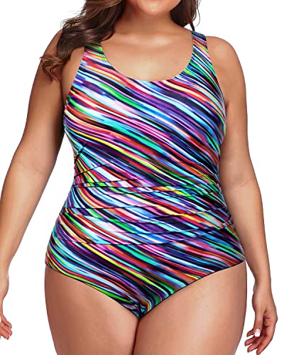 Modest Tummy Control Ruched One Piece Bathing Suit For Plus Size Ladies-Color Striped