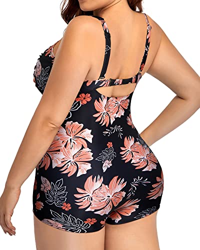 Boyshort Tummy Control Plus Size Bathing Suits-Black Orange Floral