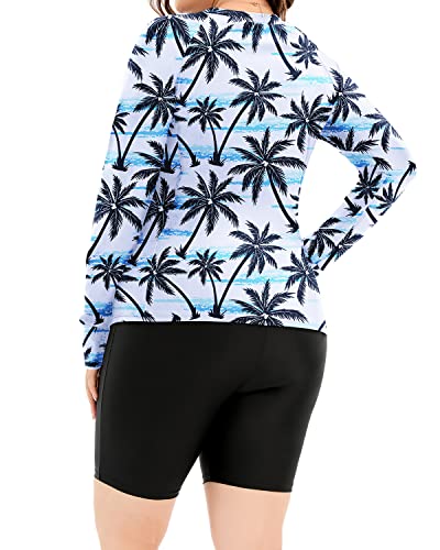 Two Piece Plus Size Tankini Long Sleeve Rash Guard Top-Black Palm Tree